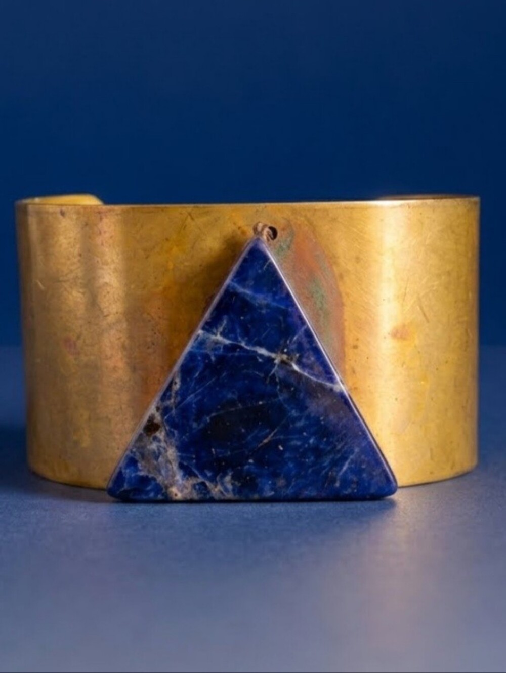 Vintage Mid Century Modernist Brass Cuff Bracelet with Triangle Sodalite Stone